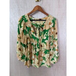 DR2 Floral Blouse Green Tan Long Sleeve Tie Back Babydoll Top Large